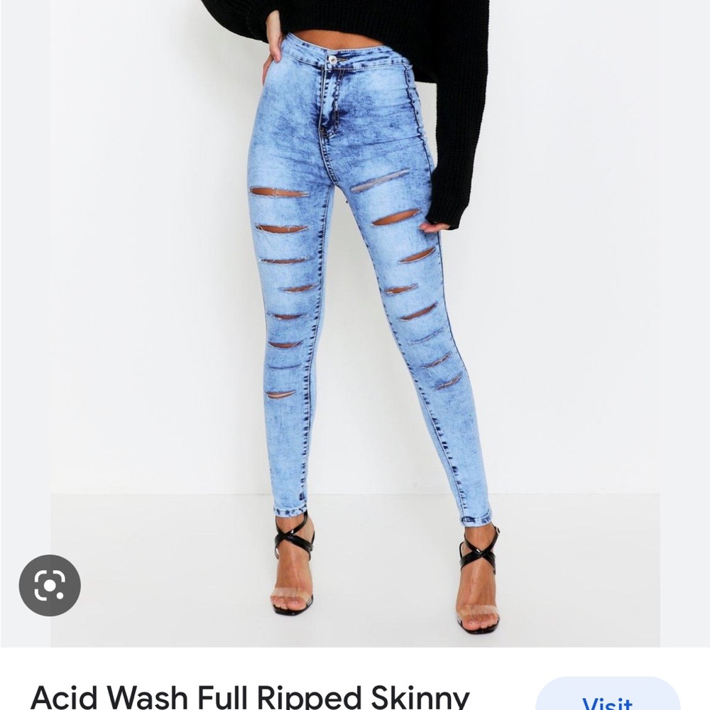 In Search of: These skinny acid wash jeans, by MissPap UK, size 9 or 11.